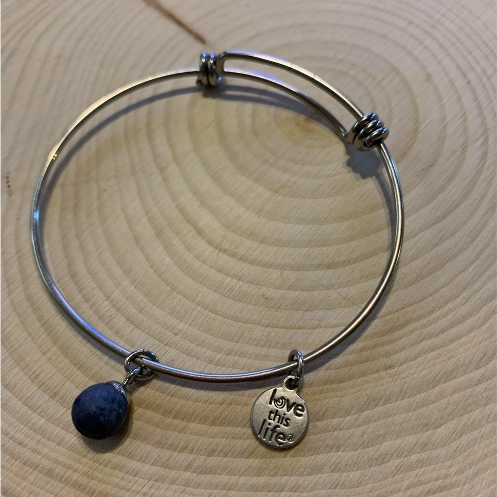 Silver Expandable Bangle Bracelet with Blue Gem and 'Love This Life' Charm